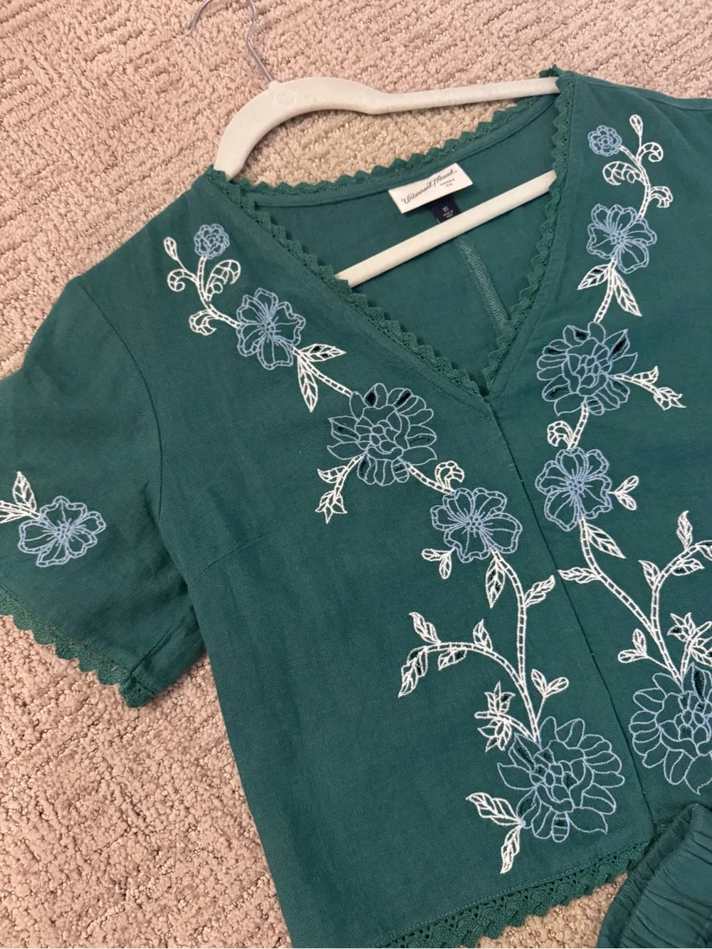 Universal Thread Green Floral Embroidered Linen Blend Matching Set XS